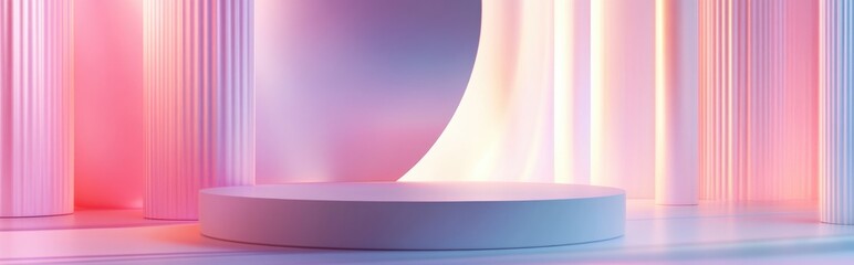 Poster - Abstract surreal 3D scene featuring an empty stage with a cylindrical podium against a holographic pastel pink background Pedestal designed for showcasing cosmetic and beauty product mockups