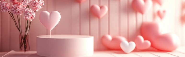 Poster - Sweet love scene featuring a minimalist display podium for product presentation Pink pedestal stand with a charming heart background ideal for Valentine s Day design 3D rendering