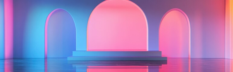 Aufkleber - Gradient pink and blue interior featuring three round arches and a podium set against a reflective floor 3D illustration