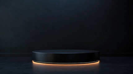Poster - Black podium or pedestal illuminated against a dark backdrop featuring a cylindrical stand Empty product shelf serving as a display background 3D rendering