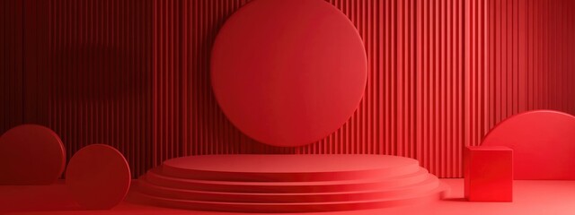 Poster - Red podium with abstract background featuring geometric shapes in 3D rendering for an award stage