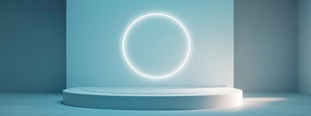 Poster - Minimal abstract background featuring a white and light blue podium lit by white neon lights ideal for business product presentations or fashion exhibitions including perfume and cosmetics in 3D r