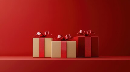 Aufkleber - Minimalistic product backdrop for holiday and sale events Feature a red and beige gift box adorned with a ribbon on a red surface 3D render illustration with included clipping paths for each eleme