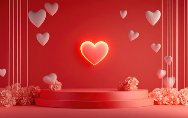 Poster - Valentine s Day themed interior featuring a red platform hearts and a stand for display on a red background with ample space 3D rendering
