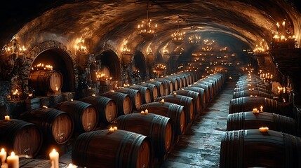 Canvas Print - A rustic wine cellar filled with oak barrels, the dim lighting casting a warm glow on the wood, creating a moody and serene atmosphere, with rich textures and deep shadows, cinematic style,