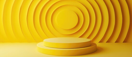 Aufkleber - 3D yellow pedestal mock up featuring concentric circles on the wall for product display presentation and advertisement 3D illustration 3D rendering