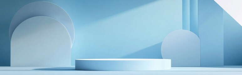 Fototapete - Sky blue 3D background featuring geometric shapes and a podium on the floor Platforms designed for product presentation with a white product set against a backdrop Abstract composition mockup