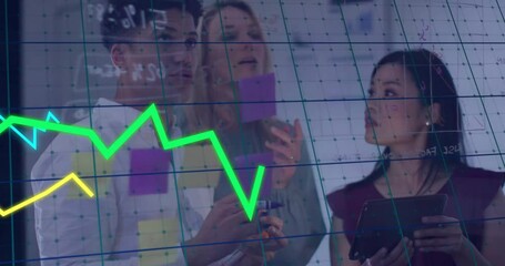 Poster - Financial graph animation over diverse business team analyzing data on glass board