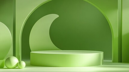 Poster - Minimalist 3D green podium against a studio backdrop Abstract geometric shape illustration for showcasing organic and eco friendly products