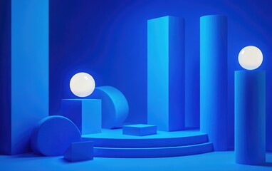Aufkleber - Abstract minimal 3D rendering featuring a blue geometric cylinder background along with cubes and various forms Contemporary design suitable for presentations branding templates and banners with s