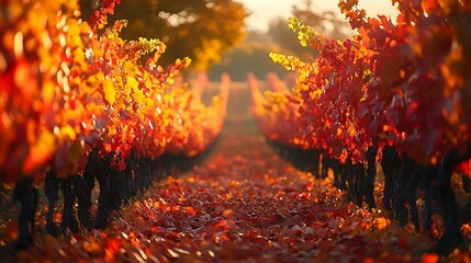 Sticker - A scenic autumn vineyard, with rows of grapevines adorned in bright red, orange, and yellow leaves, the soft, warm light of the afternoon sun bringing out the rich colors and textures,