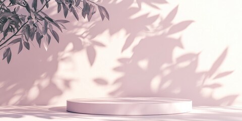 Poster - Subtle botanical backdrop with shadow play on the surface ideal for framing covers cards or postcards Display platform featuring elegant showcase on a soft pastel background for high end products