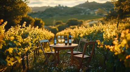 Poster - A scenic outdoor wine tasting setup in a vineyard, with a rustic wooden table and chairs placed among the grapevines, a selection of wine glasses and bottles arranged on the table,