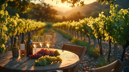 Canvas Print - A scenic outdoor wine tasting setup with a wooden table and chairs in a vineyard, the table beautifully arranged with wine glasses, bottles, and fresh grapes, surrounded by rows of grapevines,