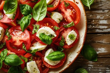 Wall Mural - Photo of tomato salad with tomato slices, mozzarella and basil, top view, natural sunlight, rustic table background