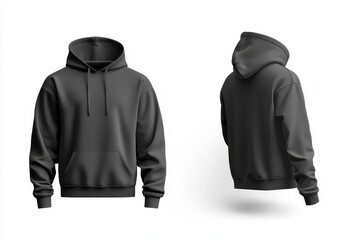 A dark gray hoodie displayed from multiple angles for fashion or clothing design purposes.