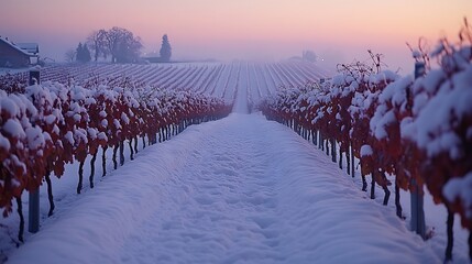 Sticker - A serene vineyard in winter, with rows of grapevines covered in a blanket of snow, the landscape tranquil and quiet, the vines standing stark against the white background, with soft,