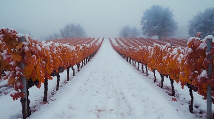 Sticker - A serene vineyard in winter, with rows of grapevines covered in a blanket of snow, the landscape tranquil and quiet, the vines standing stark against the white background, with soft,