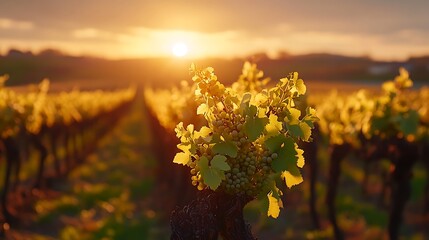 Poster - A vineyard in early spring, with grapevines just beginning to bud, the fresh green shoots contrasting against the dark wood of the vines, the scene bathed in soft, warm sunlight,