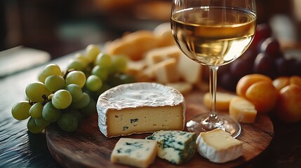 Poster - A wine and cheese pairing setup, with a selection of cheeses, fruits, and a glass of white wine, the scene softly lit by natural light, creating a serene and sophisticated atmosphere, cinematic style,