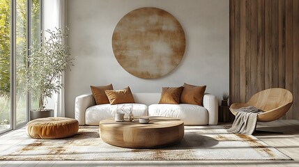 Scandinavian-inspired living room, abstract wall art with minimalist geometric designs, muted tones, light wood elements, white walls, large windows with natural light, modern and airy atmosphere,