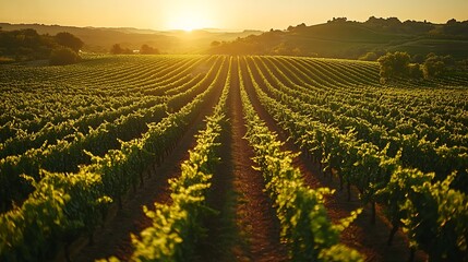 Poster - Aerial shot of a vineyard, showcasing the symmetry of the rows of grapevines, with the landscape illuminated by the warm light of late afternoon, capturing the beauty and order of the vineyard,