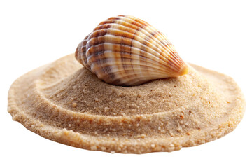 Wall Mural - A brown-striped seashell resting on a small mound of sand, isolated on a transparent background, symbolizing coastal serenity and natural beauty