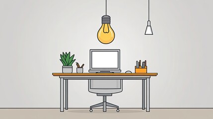 Poster - Minimalist Office Workspace with a Desk, Computer, and Lightbulb