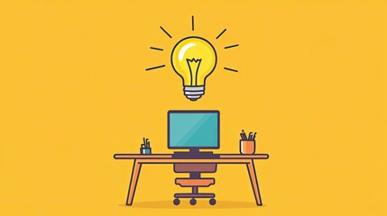 Poster - A Light Bulb Above a Desk With a Computer and Chair