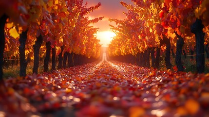 Canvas Print - Autumn grapevines in a vineyard, with leaves in vibrant shades of red, orange, and yellow, the ground covered in fallen leaves, the warm light of the setting sun casting a golden glow over the scene,