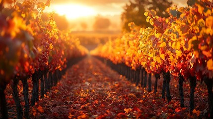 Poster - Autumn in a vineyard, with rows of grapevines ablaze with colorful leaves in shades of red, orange, and yellow, the landscape gently illuminated by the golden light of sunset,