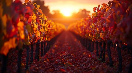 Poster - Autumn in a vineyard, with rows of grapevines ablaze with colorful leaves in shades of red, orange, and yellow, the landscape gently illuminated by the golden light of sunset,