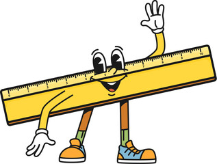 Poster - Cartoon groovy ruler school character waving hand, ready to measure and educate students. Isolated vector cheerful and funny retro stationery, measuring ruler tool personage with happy smiling face