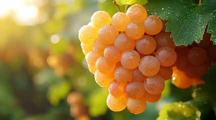 Wall Mural - Dew-kissed grapes hanging from the vine in the early morning light, a close-up shot emphasizing the freshness and rich color of the fruit, with a soft-focus background of green leaves,