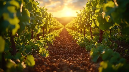 Poster - Ground-level perspective of vineyard rows, the grapevines forming a perfect, symmetrical pattern, the sunlight filtering through the leaves, creating a peaceful and orderly scene, cinematic style,