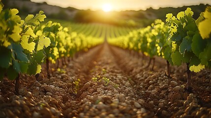 Sticker - Ground-level view of vineyard rows, the grapevines forming perfect lines across the landscape, with the warm light of late afternoon enhancing the symmetry and natural beauty of the scene,