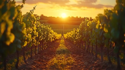 Poster - Ground-level view of vineyard rows, the grapevines forming perfect lines across the landscape, with the warm light of late afternoon enhancing the symmetry and natural beauty of the scene,