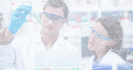 Poster - Scientists examining test tube with chemical formulas animation over laboratory background