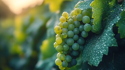 Poster - Macro shot of grapevine tendrils and leaves, with dew-covered young grapes starting to form, the soft, natural light bringing out the fine details and textures, creating a serene and intricate scene,