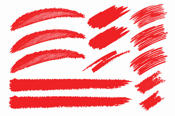 Crayon brush stroke red underline. Chalk pen highlight stroke. Vector hand drawn brush underline element set for accent, crayon texture emphasis element