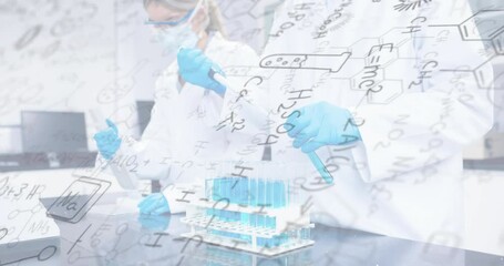 Sticker - Scientists working with test tubes over chemical formulas animation