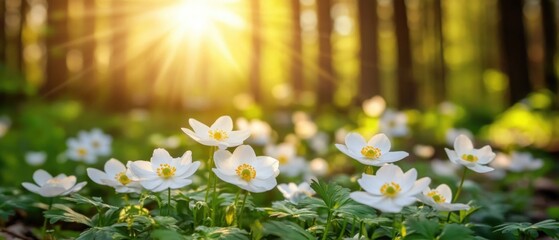 Wall Mural - Beautiful white flowers of anemones in spring in a forest close-up in sunlight in nature. Spring forest landscape with flowering primroses.