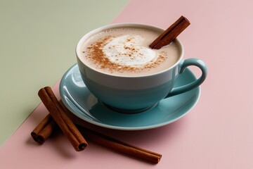 Wall Mural - Teacup of Chai Latte with Cinnamon Stick on Pastel Background