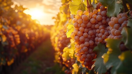 Poster - The sun setting over a lush vineyard, with grapevines glowing in the warm light, the sky filled with vibrant colors of dusk, soft light enhancing the textures of the leaves and grapes,