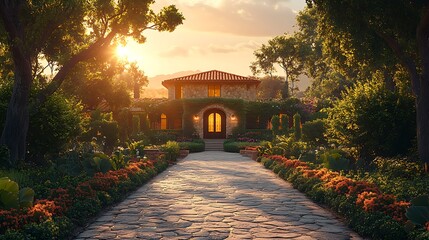 Sticker - The welcoming entrance of a winery, with a beautifully designed sign, lush gardens, and a stone pathway leading to the door, the scene softly lit by the golden light of sunset,