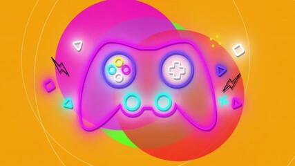 Poster - Neon game controller animation over colorful abstract shapes on orange background