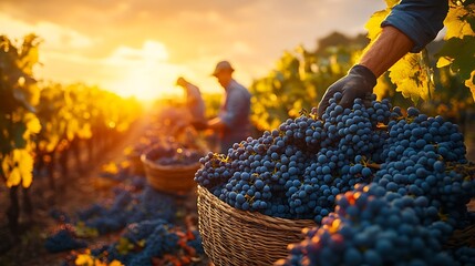 Wall Mural - Workers harvesting grapes by hand in a vibrant vineyard, baskets overflowing with ripe clusters, sunlight filtering through the leaves,