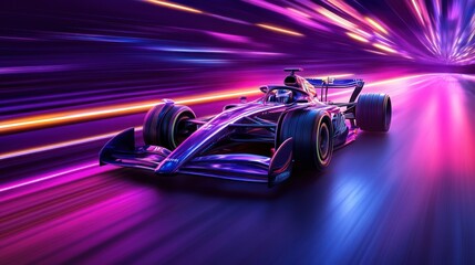 Formula One Car Speeding Through a Neon Tunnel