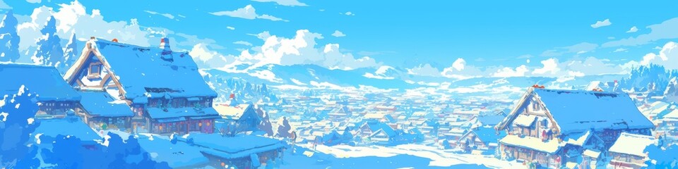 Enchanting Northeast China Snow Village: Anime-Inspired Winter Wonderland. Vibrant Illustration of Fairy-Tale Town for Home Decor, NFT Art, and Tourism Marketing. Perfect for Wallpapers, Apparel Desig