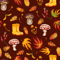 Autumn watercolor pattern with leaves and mushrooms. Endless background in cozy fall style with botanical elements and boots. Hand painted wallpaper and fabric print with forest theme.